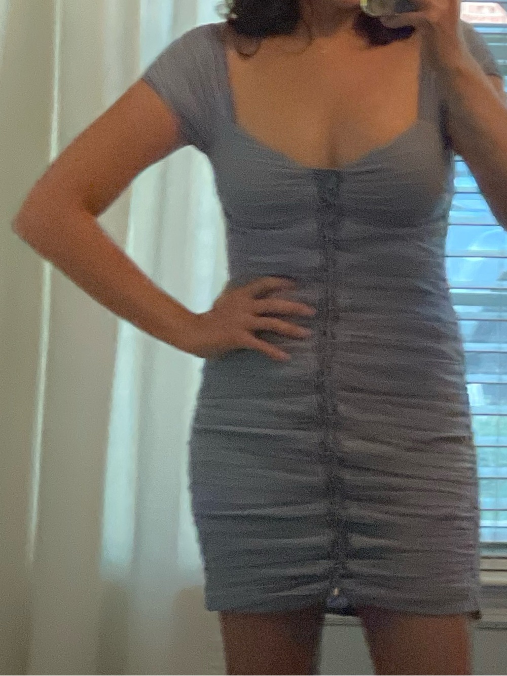 Ruched Scoop Neck Mini Dress in Light Gray